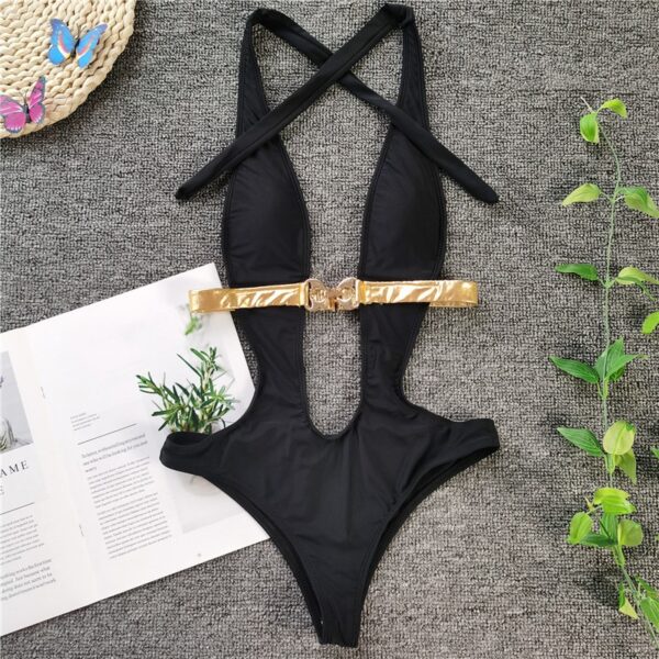 V Neck Backless One Piece Swimsuit - Image 2
